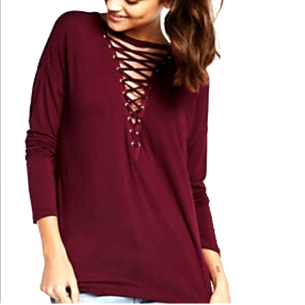 Express One Eleven Girlfriend Long Sleeve Deep V Neck Lace Up Tee - Wine